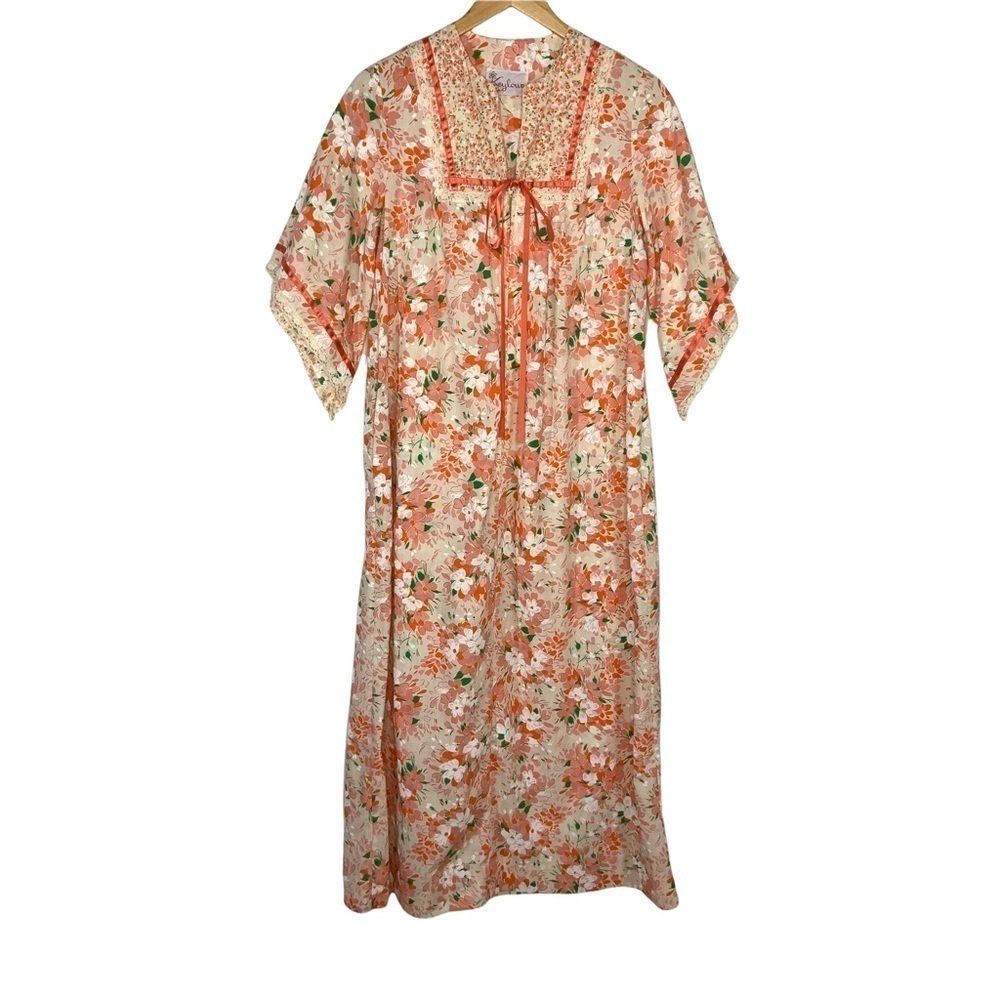 Vtg. KEYLOUN Floral Lace Hostess Robe Gown 1/2 Front Zip House Dress Sz Sm/Med